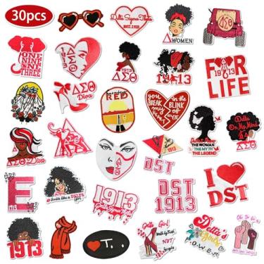 Imagem de Kleeblatt 30 peças Delta Theta Sigma Iron on Patches de irmandade parafernália, vermelho e preto feminino poder bordado DST 1913 aplique patch para jeans, roupas, chapéus, jaquetas, bolsas, camisetas