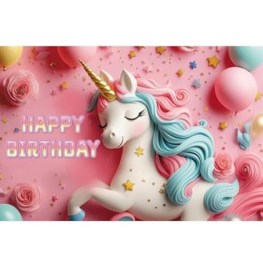 Imagem de YongFoto Pano de fundo fofo de unicórnio feliz aniversário 1,5 x 0,9 m fundo de fotografia de desenho animado bebê menina menino festa de aniversário decoração de mesa de bolo decoração de mesa