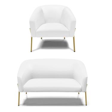 Imagem de Sofá Namoradeira E Poltrona Pé De Ferro Dourado Stella Corino Branco D03 - D'rossi