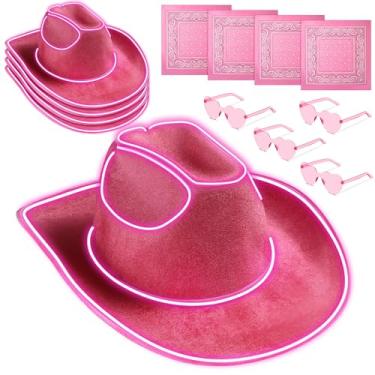 Imagem de 12 peças de chapéu de vaqueira de LED com óculos de sol de coração e bandana para mulheres e meninas chapéus de cowboy (rosa)