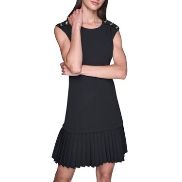 Imagem de Karl Lagerfeld Vestido feminino gola redonda com botões no ombro, saia plissada, crepe Scuba, Preto, 50
