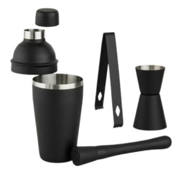 Imagem de Kit Coqueteleira Inox Preta Fosca com Socador, Dosador e Pinça Conjunto Completo para Drinks e Coquetéis Profissionais
