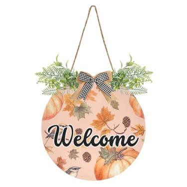 Imagem de SEHANY Guirlandas de outono para decoração de porta da frente, letreiro de boas-vindas de abóboras de madeira rústica para pendurar no dia de Ação de Graças para decoração de festas ao ar livre