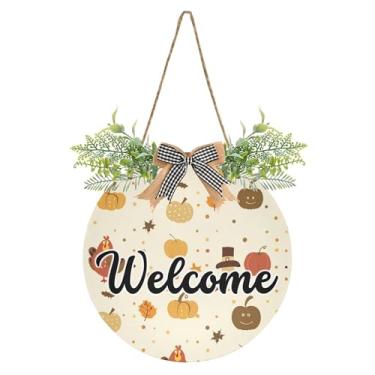 Imagem de SEHANY Guirlandas de outono para decoração de porta da frente, letreiro de boas-vindas de abóboras de madeira rústica para pendurar no dia de Ação de Graças para decoração de festas ao ar livre