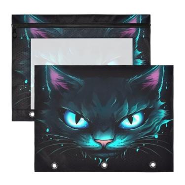 Imagem de ATTX Pacote com 2 bolsas de fichário azul neon olho de gato - bolsa impermeável com zíper de 3 anéis com janela transparente, acessórios de material de escritório para estojos de lápis e organizador