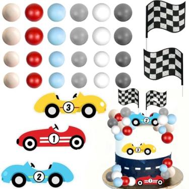 Imagem de Topo de bolo de corrida bandeira de carro de corrida decoração de bolo de aniversário para homem menino criança festa de aniversário tema de corrida festa carro de corrida suprimentos de lembrancinha