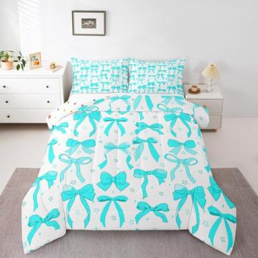 Imagem de Feelyou Conjunto de edredom com laço azul petróleo, para meninas, adultos, aquarela, azul-petróleo, conjunto de cama kawaii, estilo princesa sonhadora, edredom com 1 fronha