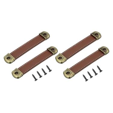 Imagem de PATIKIL Puxadores de gaveta de couro de 15 cm com folha de ferro, 4 peças de alça de couro, puxadores de armário de substituição com parafusos de 18 mm para bagagem, porta de cômoda, marrom claro