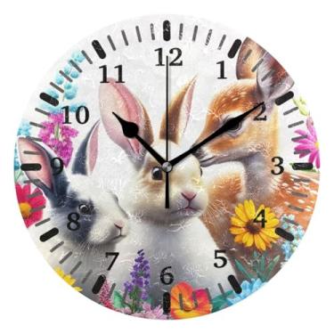 Imagem de CEBUGI Coelhos fofos relógio de parede operado a bateria relógios redondos silenciosos sem tique-taque relógios de parede para cozinha, banheiro, quarto, escritório, decoração 25,4 cm