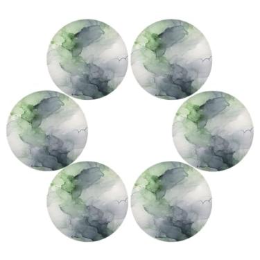 Imagem de Wassud Jogo americano conjunto de 6 tapetes redondos de mármore verde claro para cozinha e jantar tapetes laváveis resistentes ao calor decoração de mesa 39 cm