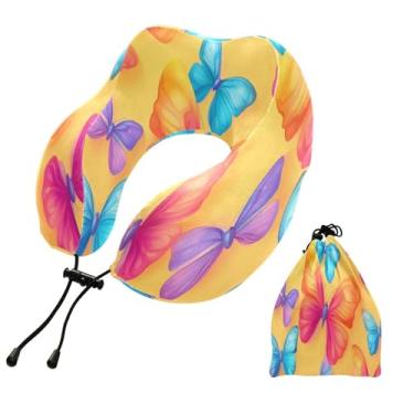 Imagem de CEBUGI Travesseiros de viagem portáteis em forma de U, travesseiro de pescoço de espuma viscoelástica com trava de corda ajustável para avião, viagem, trem, negócios, escritório, soneca (borboletas