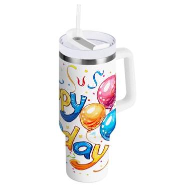 Imagem de Kigai Copo de balão de feliz aniversário de 850 g com tampa e canudo, copo isolado de aço inoxidável durável à prova de vazamento com alça, garrafas de água à prova de derramamento para viagens