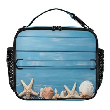 Imagem de Wassud Lancheira de madeira azul com estrela do mar para mulheres e homens, lancheira isolada com alça ajustável 5,5 L, bolsa térmica à prova de vazamento para trabalho e viagens