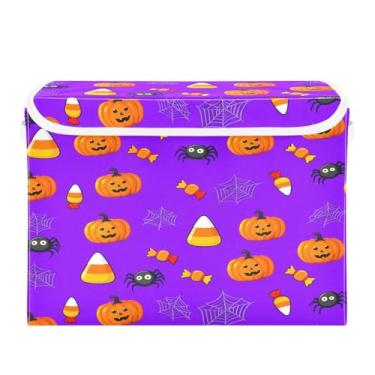 Imagem de Wassud Cestas de armazenamento de Halloween com tampas, abóboras, doces, caixotes dobráveis empilháveis de tecido, cestas de linho, recipiente organizador de armário 42 x 32 x 30 cm
