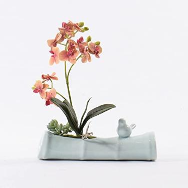 Imagem de LMJYU Bonsai artificial de flores artificiais de 35 cm, orquídeas de seda rosa, Phalaenopsis com vaso de cerâmica, para decoração de escritório, festa e casamento