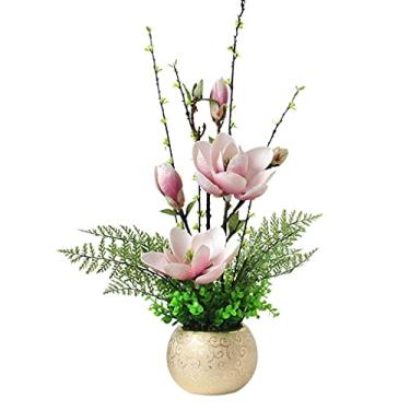 Imagem de LMJYU Flor de magnólia flor artificial com vaso redondo dourado folha falsa arranjo floral flor de seda para decoração de casamento ao ar livre ou: rosa interessante