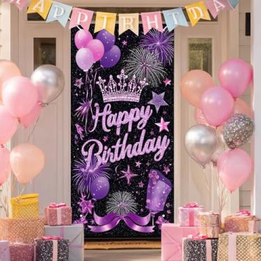 Imagem de BlissYard Capa de porta de feliz aniversário de 18 anos, bolo de diamante rosa, 188 x 89 cm para porta da frente, faixa de alpendre, decoração de festa de décimo oitavo marco, placa de boas-vindas