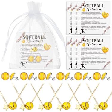 Imagem de Tondiamo 6 conjuntos de colares de softball, presentes para mulheres, brincos de softball, colar esportivo com cartões e bolsas de organza, acessórios esportivos, joias de aniversário de Natal para
