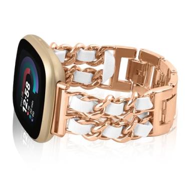 Imagem de Alociaga Pulseira feminina de metal compatível com Fitbit Versa 4/Sense 2/Versa 3/Sense, pulseira de metal com couro para smartwatch Fitbit