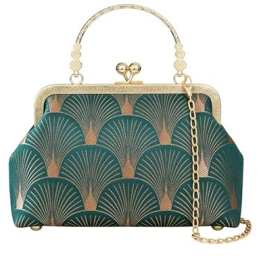 Imagem de Anopo Bolsa feminina bordada estilo chinês vintage clutch com pingente de borla Hanfu bolsa transversal, Floral verde, One Size