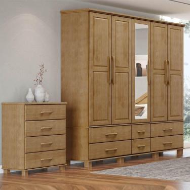 Imagem de Conjunto Quarto: Guarda-roupa Casal 5 Portas 6 Gavetas, Cômoda 4 Gavetas Freijó Ouro Madeira Pinus - Finestra