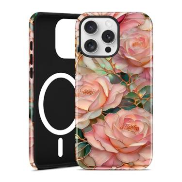 Imagem de Jusy Compatível com MagSafe Pink Flower Case para iPhone 16 Pro Max, capa de telefone magnética floral de vitral estético, TPU macio e capa protetora de policarbonato rígido para mulheres e meninas