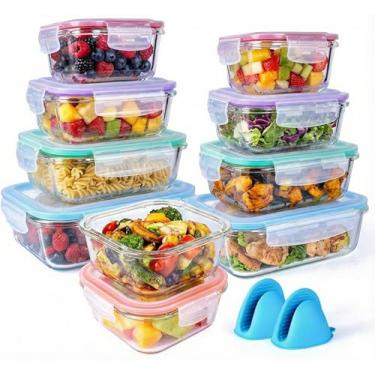 Imagem de [20 peças] Conjunto de recipientes herméticos e à prova de vazamento para armazenamento de alimentos de vidro com tampas de trava de pressão, 2 luvas de silicone de forno bônus, seguro para lava-louças, forno, micro-ondas, freezer, livre de BPA