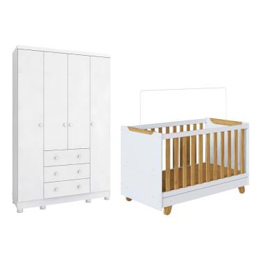 Imagem de Quarto de Bebê com Guarda-roupa 4 Portas e Berço 4 em 1 Minicama em MDF Zuri Móveis Peroba - Branco Brilho/Amendoa/Branco Brilho
