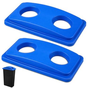 Imagem de Maxdot 2 peças de tampas de lixeira, cada uma com duas garrafas e aberturas de latas de plástico azul para lixeira fina de 68 litros para reciclagem de resíduos, cozinha, salas de aula, escritórios