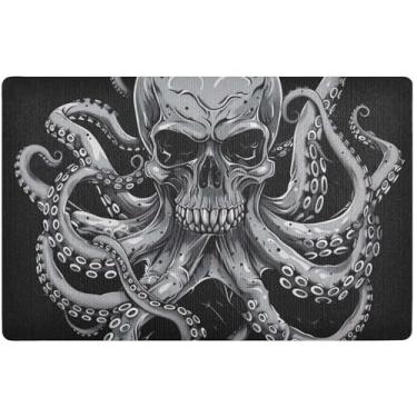 Imagem de TSENQUE Tapete de porta personalizado com caveira polvo cinza engraçado tapete externo absorvente lavável tapete de entrada para dentro de casa tapete de cachorro impermeável 81 cm x 50 cm