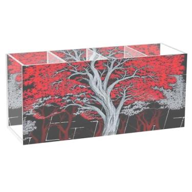 Imagem de TSENQUE Porta-canetas Life Tree vermelho e cinza fofo para mesa, animal, floral, escritório, porta-canetas de acrílico para armazenamento de lápis