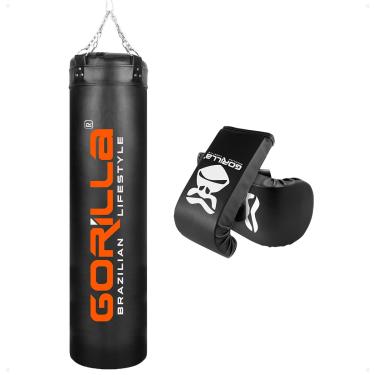 Imagem de Kit Luta Saco de Pancada boxe Muay Thai 160Cm + Luva Treino Bate Saco Equipamento Original Gorilla (Preto)