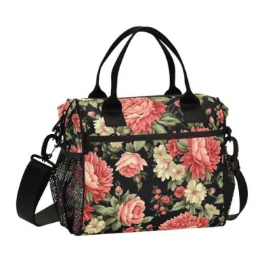 Imagem de GAIGEO Lancheira isolada Flower on Black com alças, lancheira com bolsos laterais, lancheira isolada feminina, P