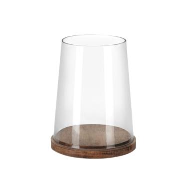 Imagem de Castiçais de vidro furacão de 20 cm de largura com mangas de vidro resistentes feitas à mão e base de madeira natural vintage para velas e plantas, industrial, casa de fazenda, potes de sino, mesa