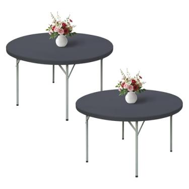 Imagem de Wolkemer Pacote com 2 toalhas de mesa cinza de 1,5 m com bordas elásticas redondas de 152 cm, capa de mesa elástica de elastano com tecido lavável na máquina para festa de casamento, piquenique