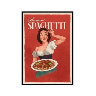 Imagem de Impressões em tela engraçadas italianas de comida e bebida – Pôster retrô de mulher em vidro com Limoncello Spaghetti Vino Pasta Cozinha Bar Decoração de parede (SKU3,20.3x30.5 cm = (20x30cm), moldura