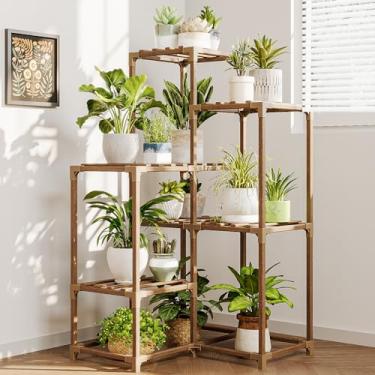 Imagem de Bamworld Suporte de plantas prateleira de plantas de canto externo mesa de madeira para plantas 7 vasos suportes de flores para sala de estar rack de plantas interior várias plantas para pátio,