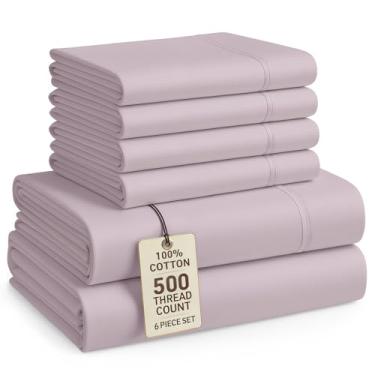 Imagem de Casa Platino Conjunto de lençóis Queen Size 100% algodão - 6 peças (1 lençol de cima, 1 elástico, 4 fronhas) - 500 fios - Conjunto de lençóis de cama de cetim ultra suave, resistente ao desbotamento