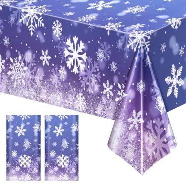 Imagem de Just Shimmer Pacote com 2 toalhas de mesa de plástico azul violeta floco de neve, capa de mesa descartável de inverno, 137 x 272 cm, toalha de mesa à prova de óleo para festa de Natal