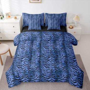 Imagem de Erosebridal Jogo de cama casal com estampa de tigre azul escuro para mulheres e adultos - Conjunto de edredom com estampa de pele de tigre selvagem, estampa de animal de tigre e estampa de animal de