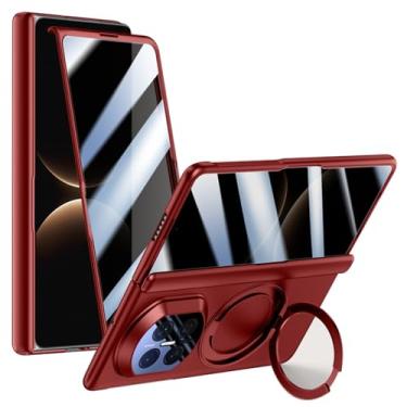 Imagem de POYUFRG Capa magnética para Huawei Mate X7, capa protetora de dobradiça de tela de vidro temperado anti-espião com suporte de anel giratório, capa fosca, vermelha, Mate X7