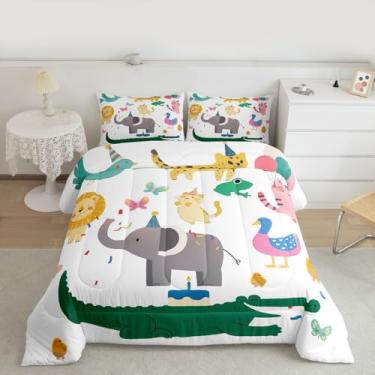 Imagem de Feelyou Jogo de cama solteiro com desenho de leão, elefante, gato, zoológico, animal, para crianças, meninos, meninas, quarto, vida selvagem, ultramacio, respirável