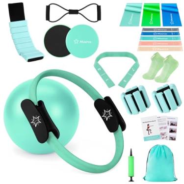 Imagem de Kit de Pilates para exercícios em casa, anéis de Pilates e bolas de Pilates para mulheres, kit de acessórios essenciais para círculo mágico de 35,5 cm com pesos de pulso, faixas