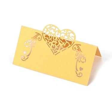 Imagem de 50 cartões de lugar em forma de coração cortados a laser para decoração de mesa, decoração de festa de casamento (amarelo, 50 peças)