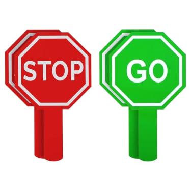 Imagem de Sibba 4 placas de trânsito dupla face stop/go com alça à prova d'água placa de bloqueio de travessia rua lenta placa de plástico portátil vermelho e verde sinais reflexivos de aviso para garagem