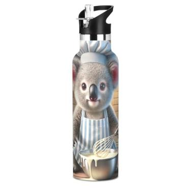 Imagem de Garrafas de água escolares isoladas para meninos, coala fofo, animal vibrante, 590 ml, livre de BPA, à prova de vazamento, copos de viagem de aço inoxidável para crianças com tampa de canudo