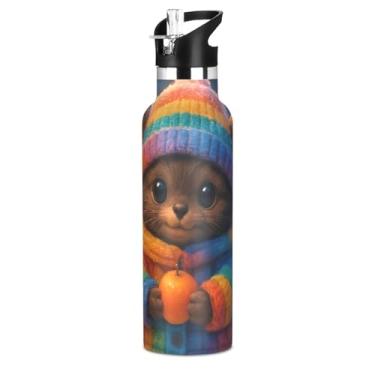 Imagem de Cute Furry Creature Garrafas de água redondas de animais com tampa de palha, garrafa de água isolada de aço inoxidável para adolescentes e meninos, 590 ml, à prova de vazamento, livre de BPA, copos de