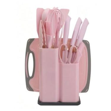 Imagem de Kit Pequeno Completo Jogo Utensílios De Cozinha 19 Peças Com Tábua Em Silicone PEQUENO(Rosa Bebê)