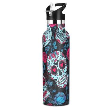 Imagem de Garrafa de água escolar isolada para meninas, caveiras de açúcar, rosas azuis vermelhas, escuras, 590 ml, parede dupla, vácuo, sem BPA, copo de aço inoxidável, copo de viagem com tampa de canudo