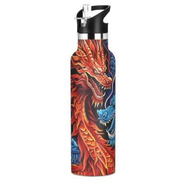 Imagem de Joisal Garrafa de água Blue Red Dragons para meninos e meninas, garrafas de água isoladas sem BPA, copos de viagem infantis de aço inoxidável com tampa de canudo para bebidas quentes ou frias, 590 ml